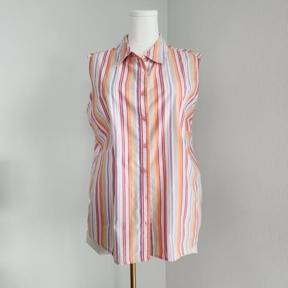 Y2K Basic Editions Orange Pink Striped Sleeveless Button Down Shirt 1X - Picture 2 of 7
